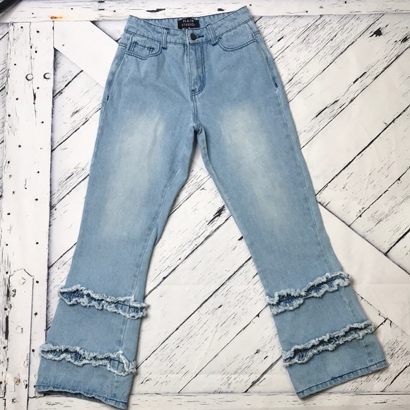PLAIN STUDIOS Ruffle Leg Denim Jeans sz 6 - Picture 1 of 9